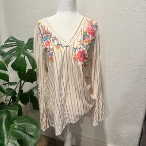 Savanna Jane Multicolor Floral Embroidered Striped Blouse